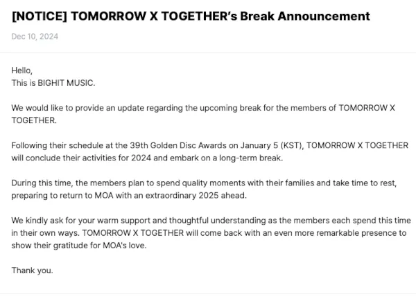 txt pause,txt hiatus,tomorrow x together break
