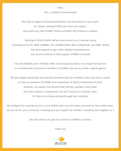 EVNNE 2026,EVNNE renouvellement contrat,EVNNE départ membres,evnne Yoo Seung-eon Ji Yunseo