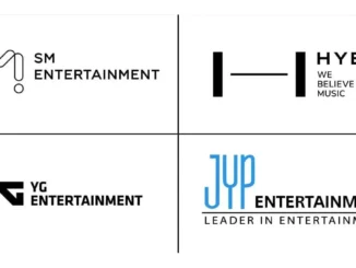 Logos de HYBE, SM, JYP et YG pour l'annonce du FANOMENON 2027
