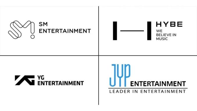 Logos de HYBE, SM, JYP et YG pour l'annonce du FANOMENON 2027